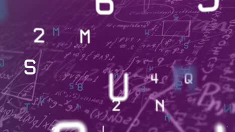 múltiples números y alfabetos cambiantes contra ecuaciones matemáticas en fondo púrpura