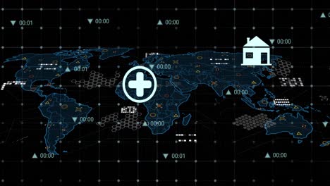 animación de múltiples iconos digitales sobre la red de cuadrícula y el mapa del mundo contra un fondo negro.