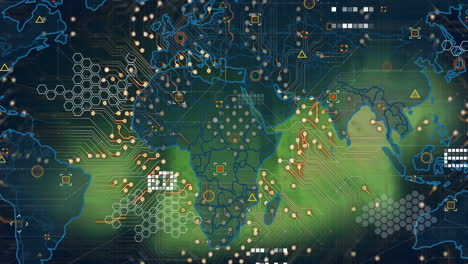 animación del mapa sobre el hexágono, patrón de cuadrados contra el patrón de la placa de circuitos en un fondo abstracto.