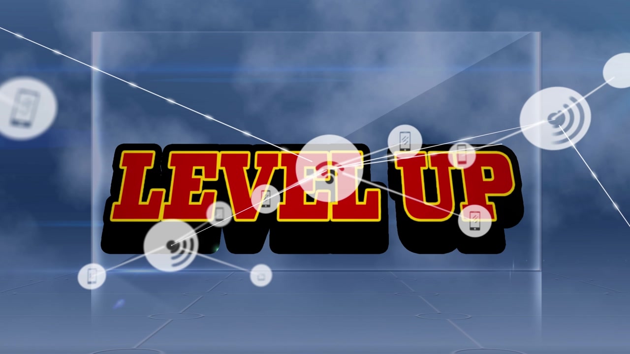 Animation of network of digital icons over level up text banner against blue background