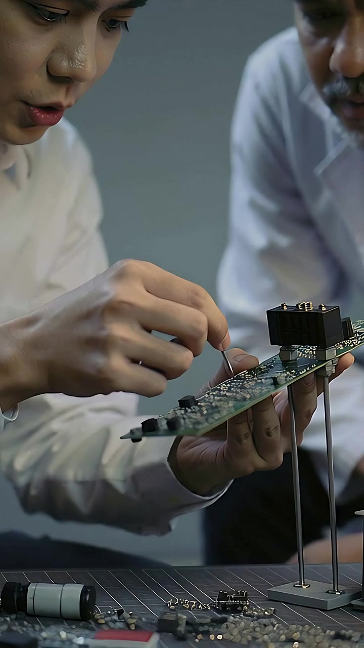 Video vertikal: Berbicara, teknologi, dan mentor menempatkan komponen pada PCB di meja kerja menggunakan pinset untuk pemeriksaan