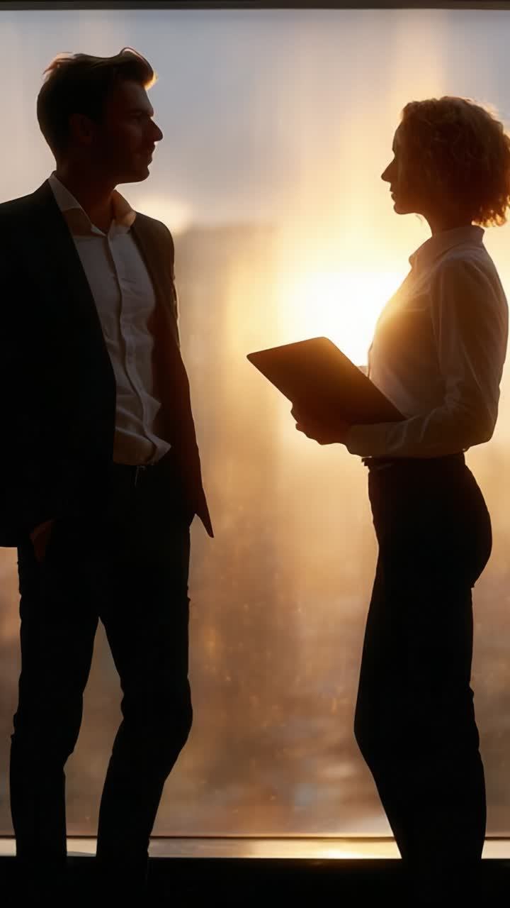 Discussione aziendale dinamica: interazione interpersonale tra due professionisti con un bellissimo sfondo di silhouette al tramonto