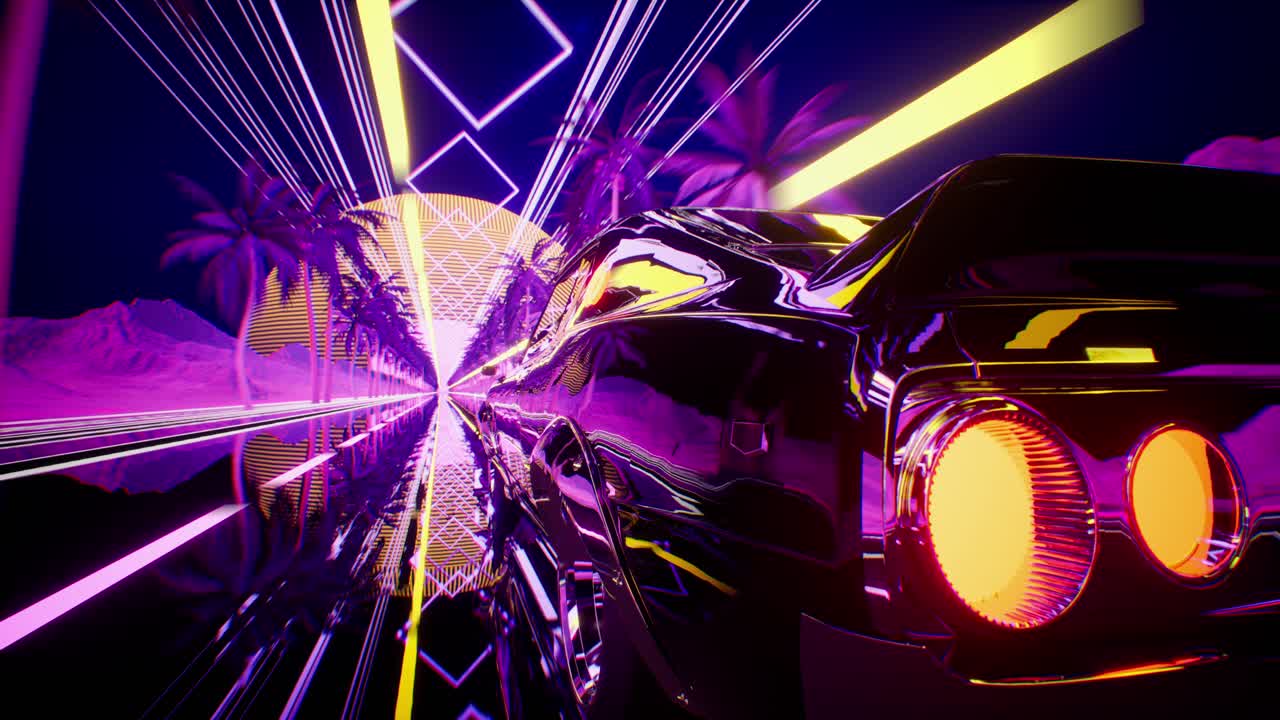 Car And City In Neon Style. 80S Retro Wave Background 3D Animation. Retro Futuristic Car Drive Through Neon City