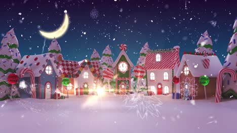 Animation-of-Feliz-Navidad-written-in-shiny-letter-on-snowy-city