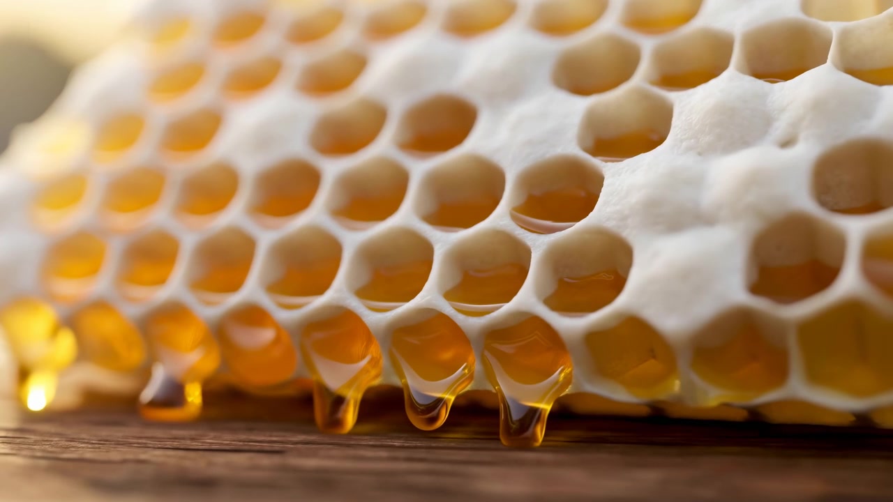 Scena dettagliata in movimento di un favo dove il miele ambrato si raccoglie, luccica e gocciola lentamente dalle celle esagonali inferiori mentre la cera cremosa rimane parzialmente sigillata, creando una ricca texture naturale e un bagliore.