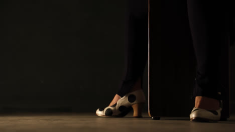 flamenco dancer approaching cajon and beating her hand on its side. static