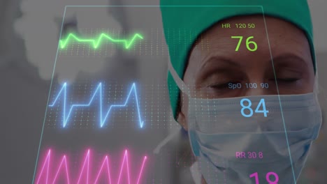 animación de la interfaz con el procesamiento de datos médicos sobre una cirujana caucásica en el hospital.