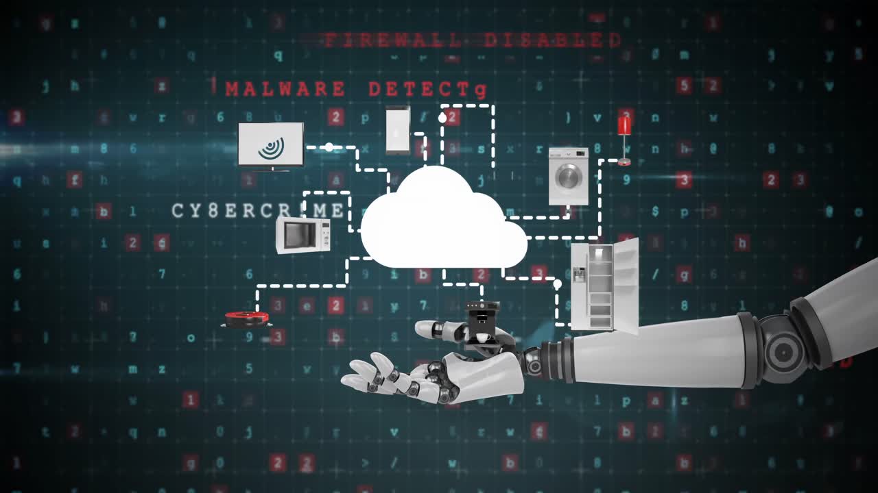 Robotic hand presenting digital cloud symbol surrounded with home appliance icons