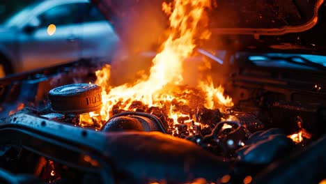 a car is engulfed by flames in the hood of a car