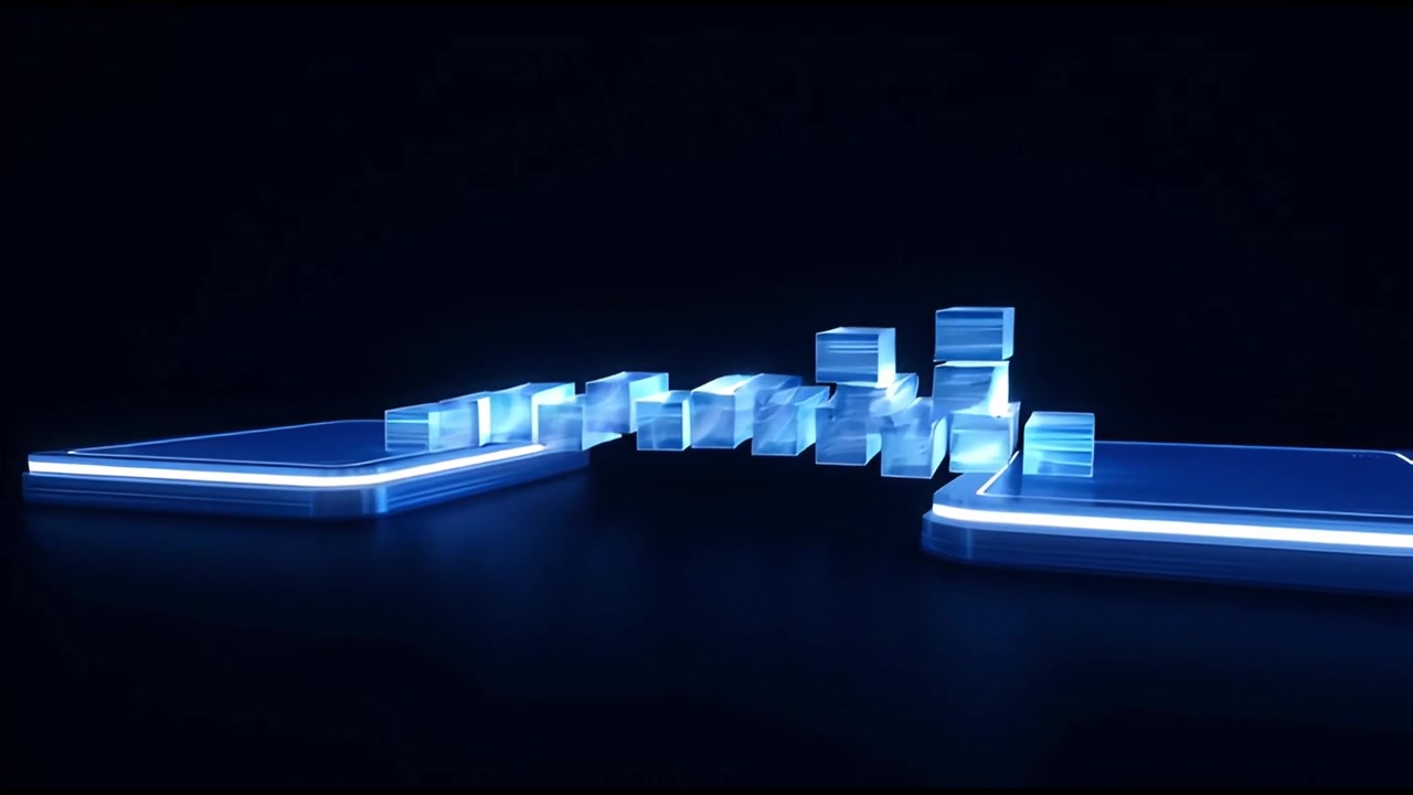 Futuristic Blue Cubes Connecting Two Illuminated Platforms