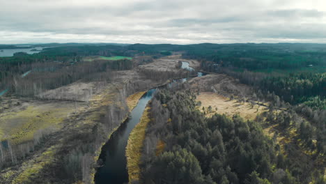 Aerial,-rising,-tilt,-drone-shot,-of-a-river,-surrounded-by-leafless,-autumn-forest