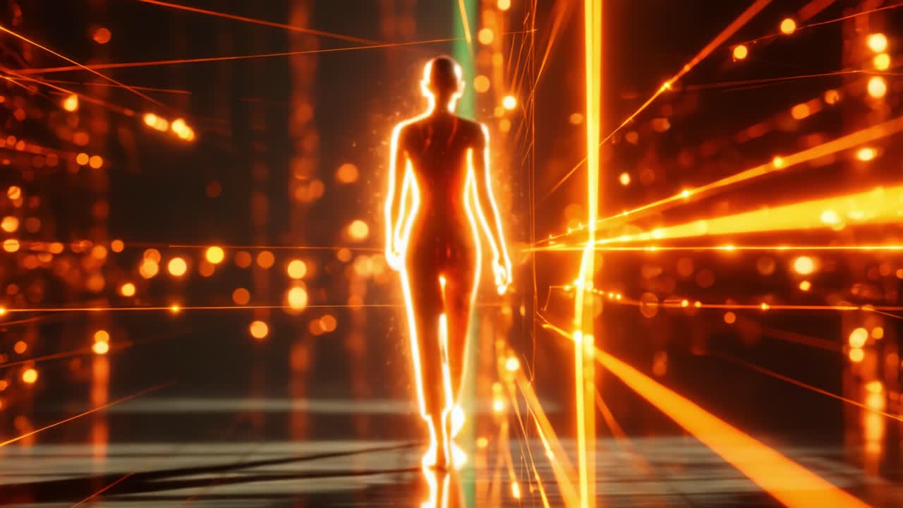 A mesmerizing journey through a digital world, showcasing a silhouetted figure gracefully walking amidst a vibrant landscape filled with glowing lines and radiant particles, illuminating the space around them