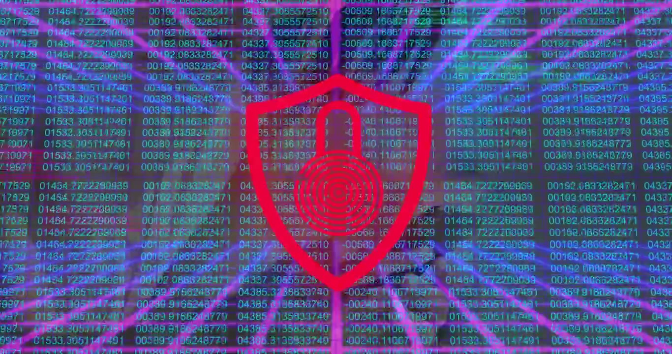 security analyst monitoring cybersecurity dashboard, with neon padlock shield and floating data