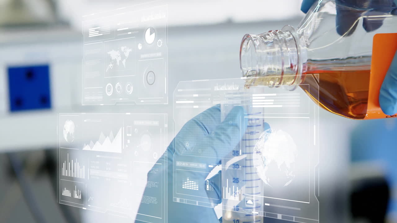 Gloved hands pouring liquid into beaker with data processing animation overlay