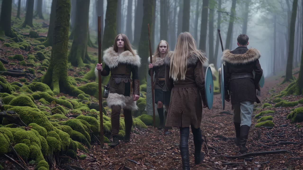 Medieval Warriors in a Misty Forest