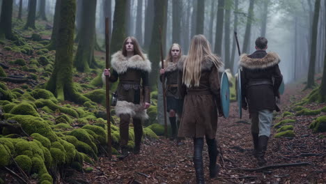 medieval warriors in a misty forest