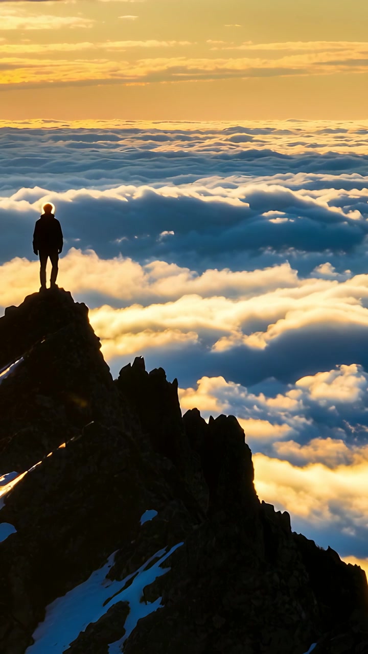Video verticale: Escursionista in piedi che ammira l'alba dalla cima di una montagna sopra un mare di nuvole, con abbigliamento da trekking, spazio per la copia