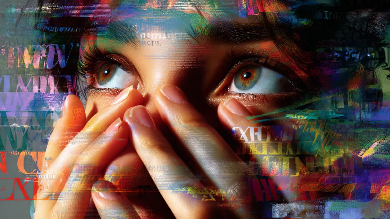 A close-up exploration of emotional intensity, featuring a person with captivating eyes expressing a feeling of vulnerability through hand gestures and an abstract, colorful composition