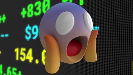 Animation-of-shocked-emoji-over-stock-exchange-financial-data-processing
