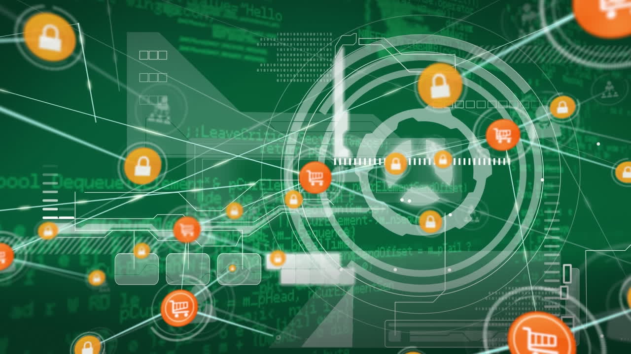 Animation of network of connections with icons and data processing over green background