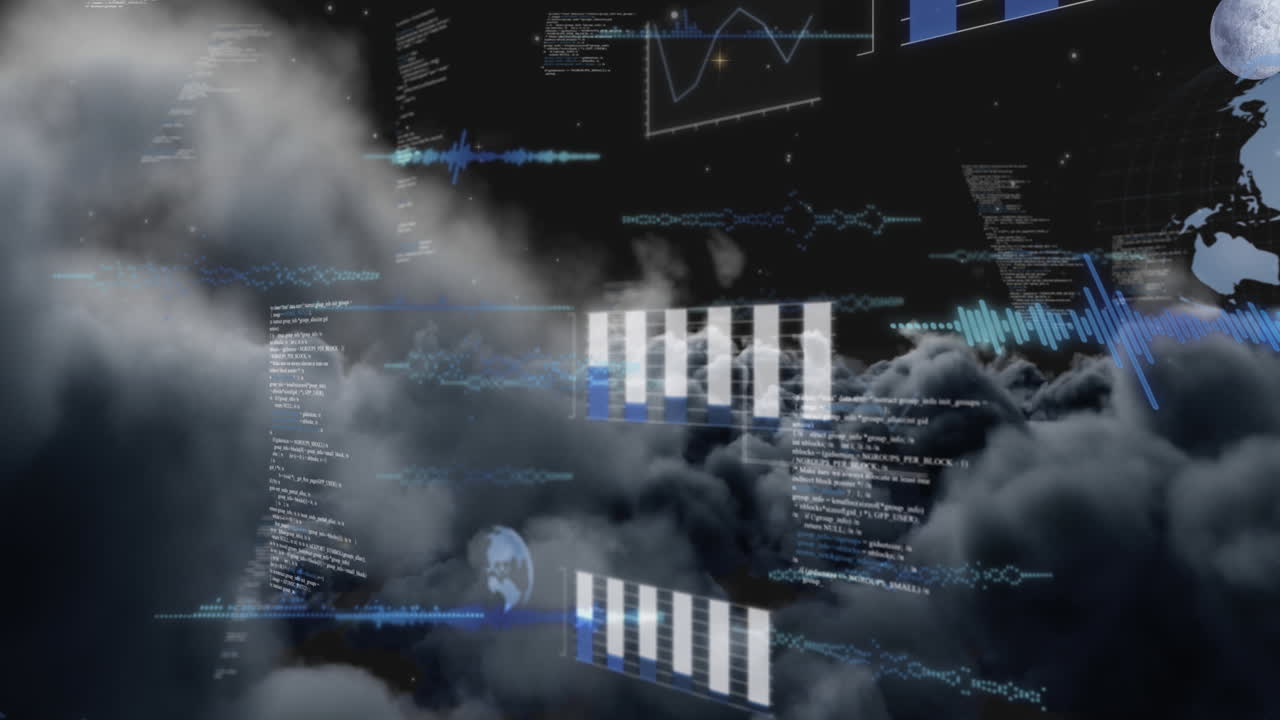 Animation of statistical data processing against dark clouds in the sky