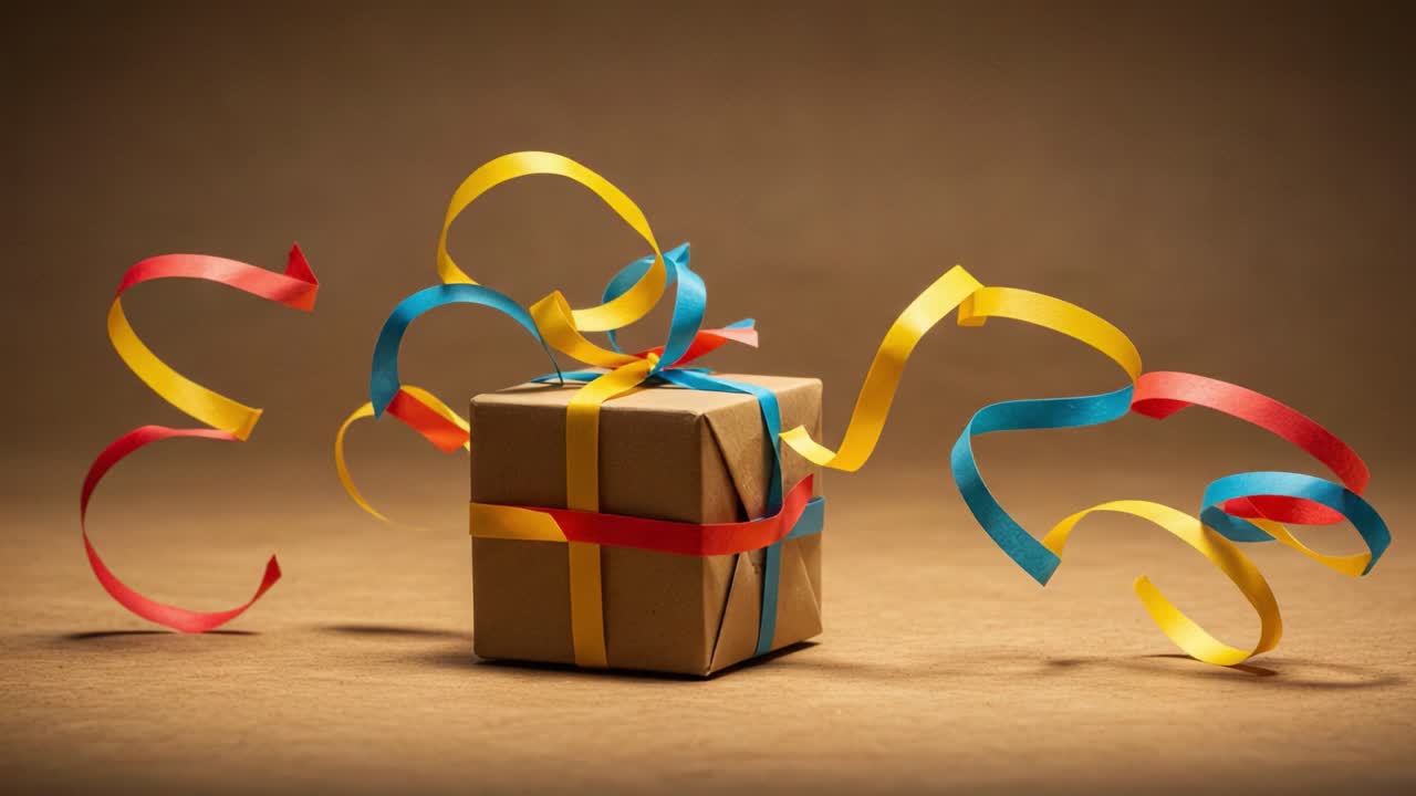 A Celebration of Surprise: A Brown Gift Box Surrounded by Festive Ribbons in Motion, Capturing the Spirit of Joy and Anticipation
