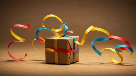 a celebration of surprise: a brown gift box surrounded by festive ribbons in motion, capturing the spirit of joy and anticipation