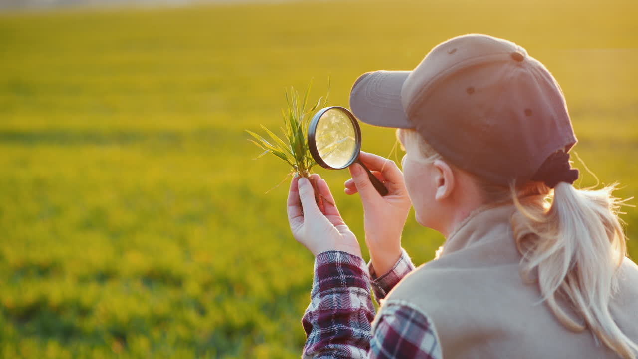 들판에서 콩나물을 공부하는 젊은 여성 농학자