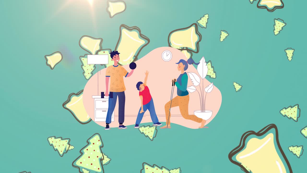 크리스마스 나무 와 종 위 에서 행복 한 부모 와 딸 이 운동 하는 일러스트레이션 의 애니메이션