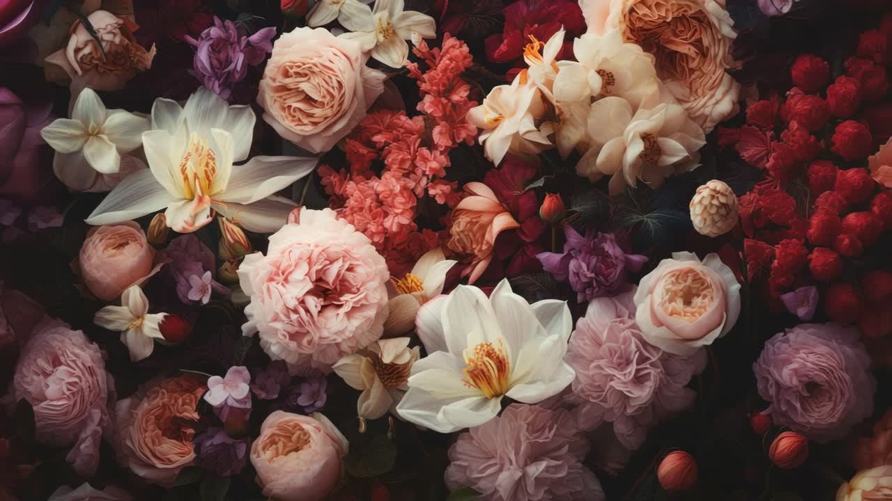 Top-down view of a lush floral arrangement with roses and peonies, creating a romantic, vintage