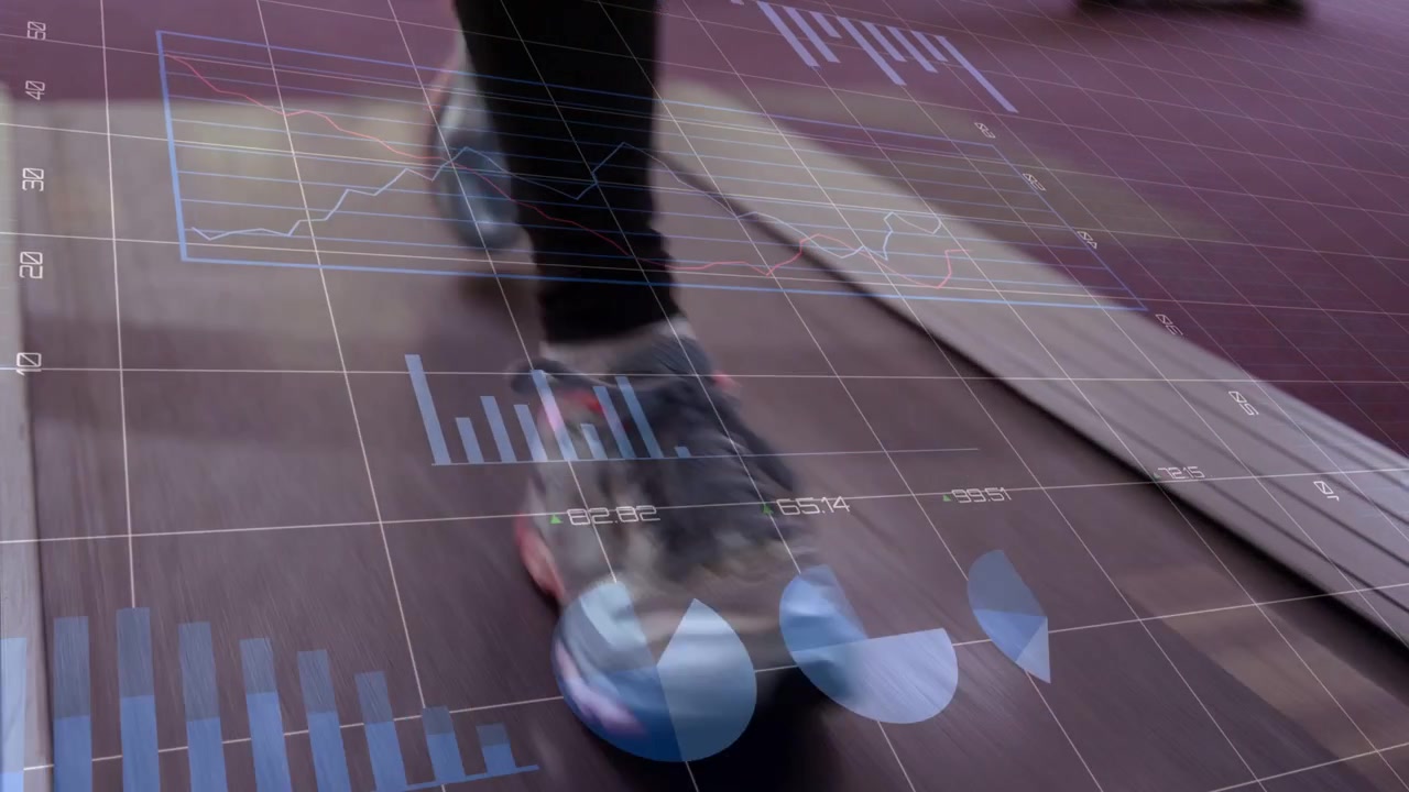 Fitness runner placing foot on treadmill HUD updating charts measuring foot strike and toe-off