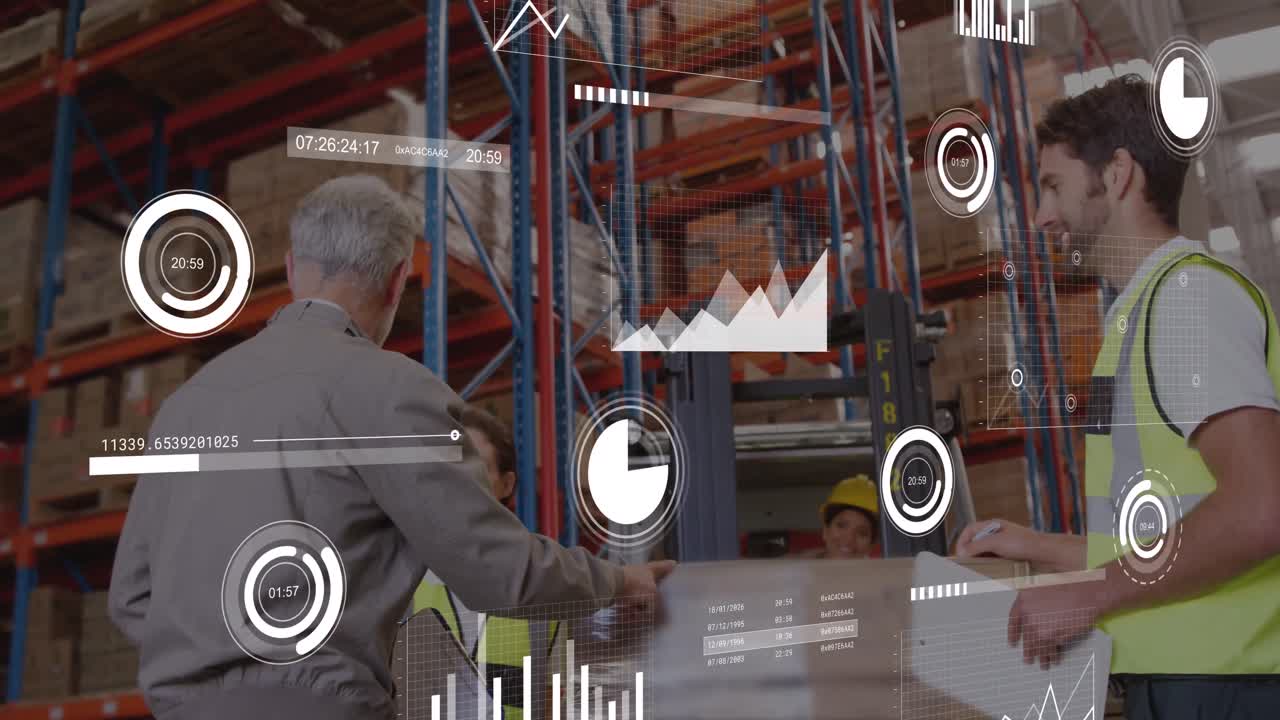 animación de gráficos, barras de carga y círculos sobre compañeros de trabajo caucásicos discutiendo en el almacén