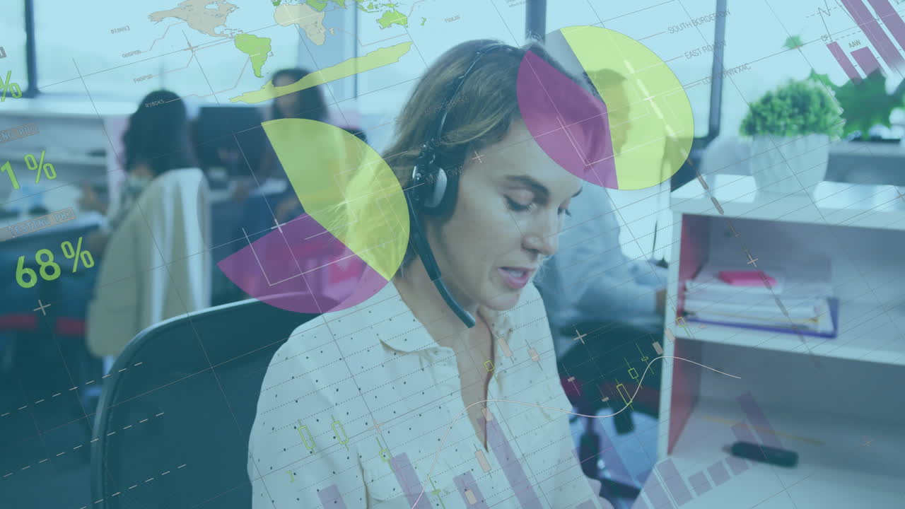 animación de procesamiento de datos estadísticos contra mujer caucásica hablando en auriculares de teléfono en la oficina.