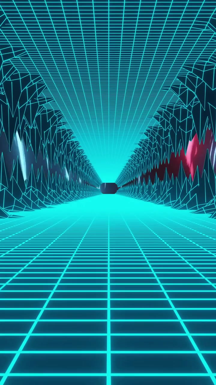 Animazione di un tunnel digitale futuristico con griglia luminosa e motivi geometrici.