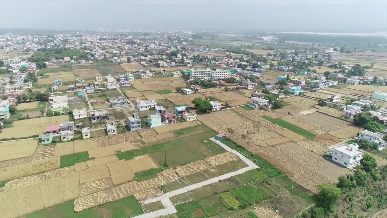 Aerial Views of a Rural Landscape with Villages, Farmlands, and a River