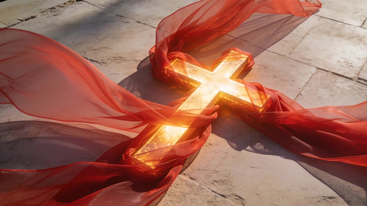 Tessuto rosso trasparente che ondeggia e si increspa su piastrelle di pietra chiara per una leggera brezza, rivelando una croce luminosa.