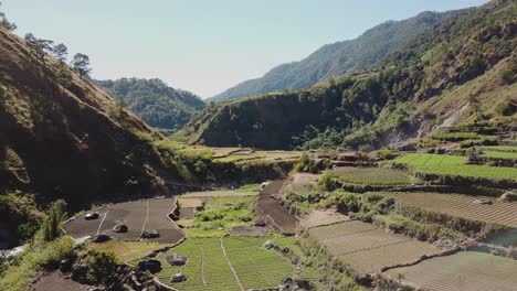 綠色蔬菜花園在山區山谷村莊在kabayan benguet菲律賓廣<unk>的空中<unk>向右向左揭示河藍天明亮的美麗的陽光的一天