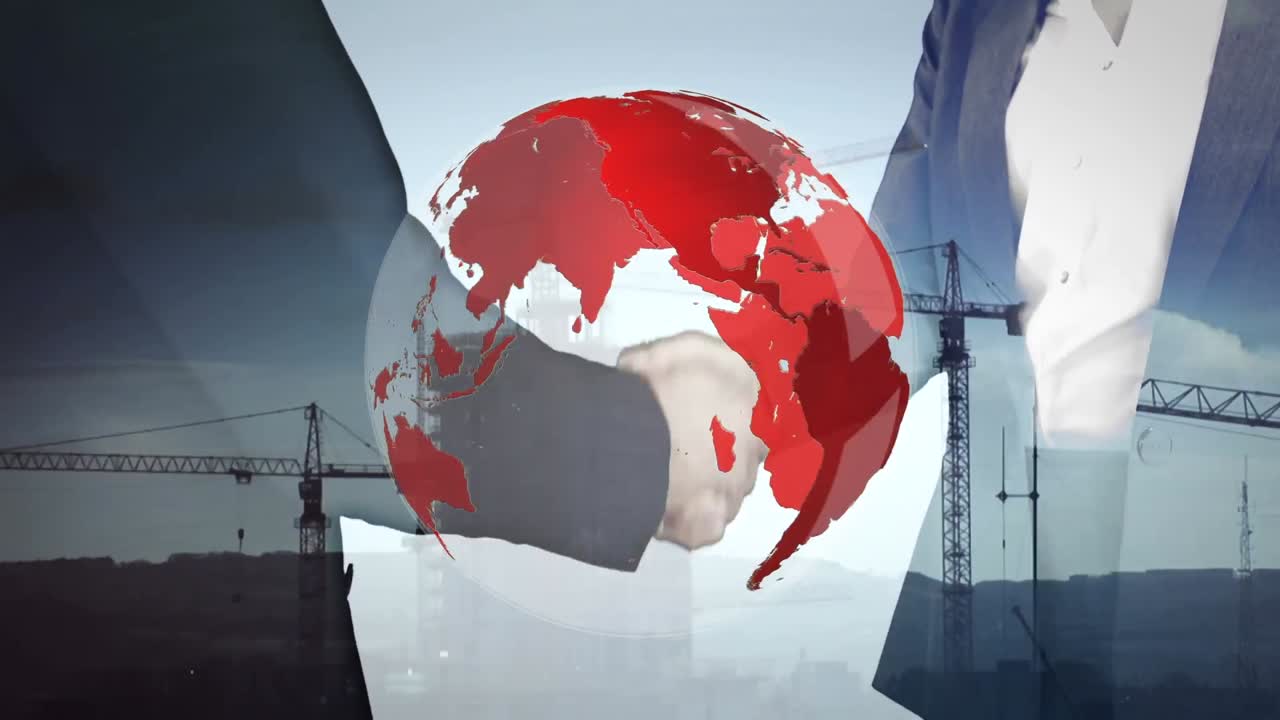 세계화와 사업가와 사업가가들이 도시 건설 크레인에 손을 흔들고 있는 애니메이션