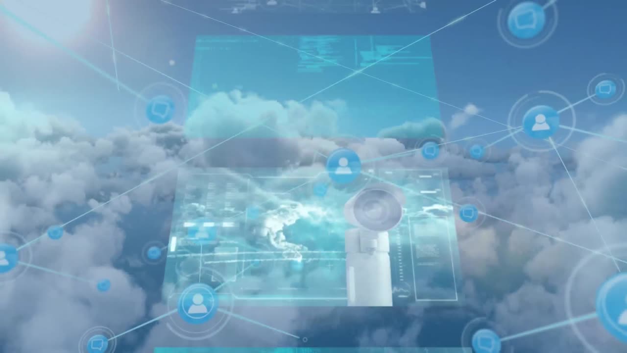 파란 하늘에서 데이터를 처리하는 캐스케이딩 인터페이스 화면 위에 있는 사람 아이콘의 네트워크 애니메이션