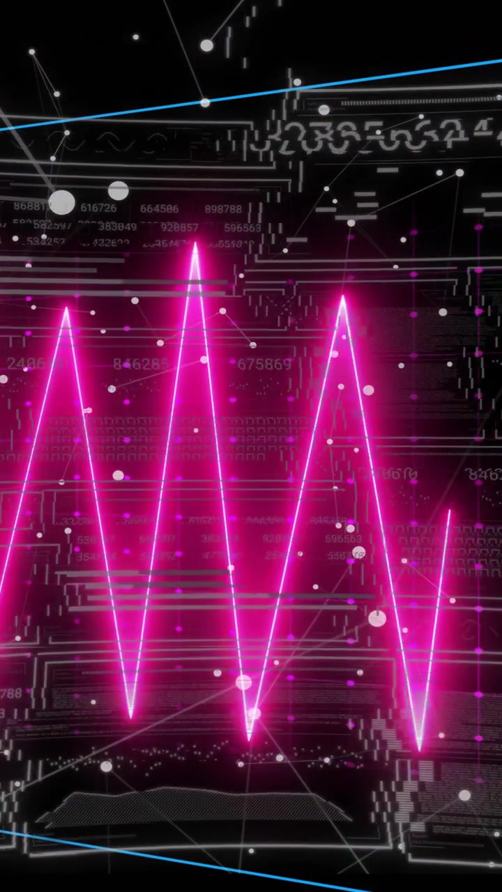 Video verticale: HUD che risponde a barre a picco che scorrono a sinistra, con onde al neon che si spostano per mostrare segnali.