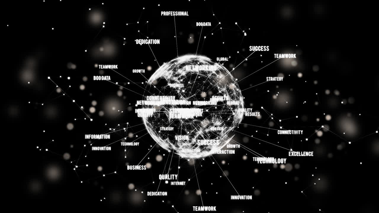 animación de puntos de luz en todo el mundo con una red de conexiones con textos en fondo negro.
