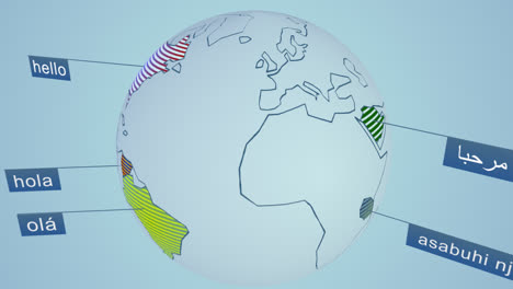 globo terrestre con el mapa político. la palabra "hello" en catorce lenguas ampliamente habladas en el mundo. representación de esquema colorido en el globo. una imagen conceptual de la globalización.