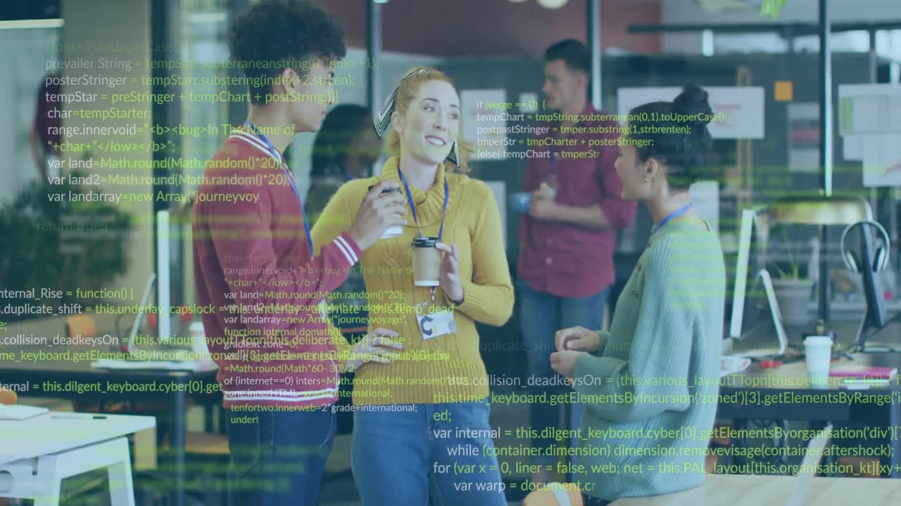 Three coworkers holding coffee cups while code overlay appearing, rising during tech collaboration