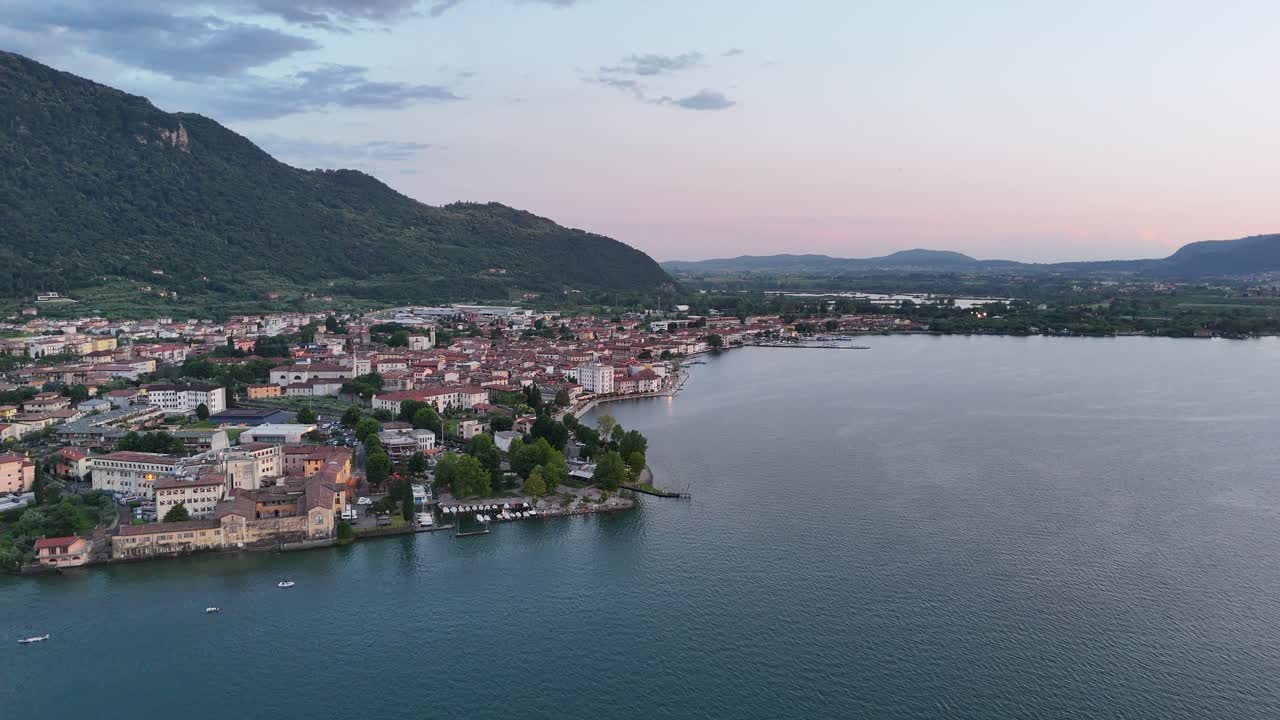 Town of Iseo on Lake D, Iseo Italy drone,aerial low panning shot