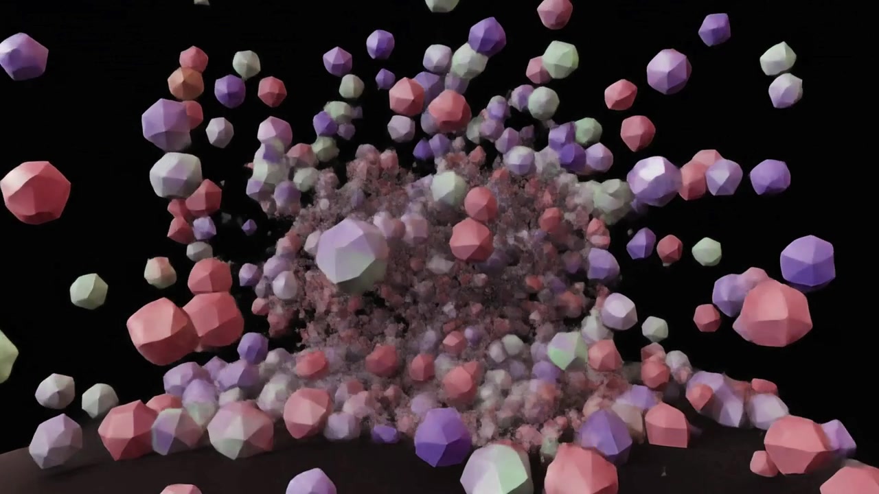 Abstrakt 3D-animation af farverige geometriske former, der eksploderer udad