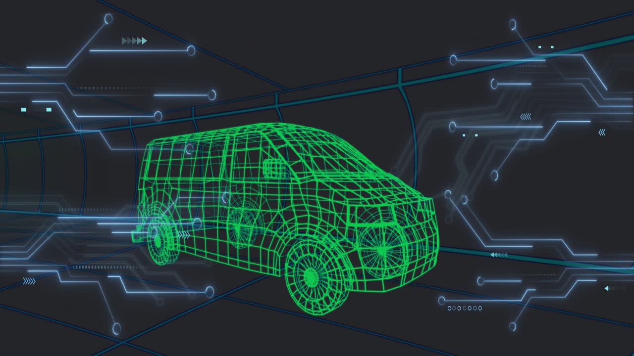 On start HUD nodes pulsing around green wireframe van as floor grid receding for data view