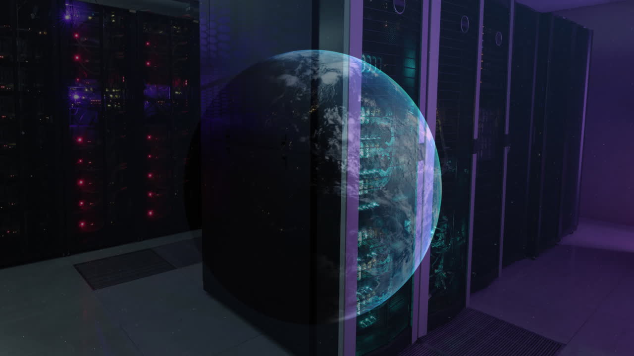 Animation of a globe against computer server room