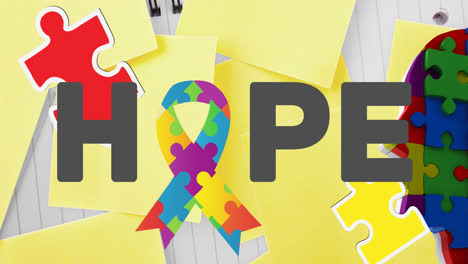 animation of puzzles falling over human brain, hope text and ribbon formed with puzzles