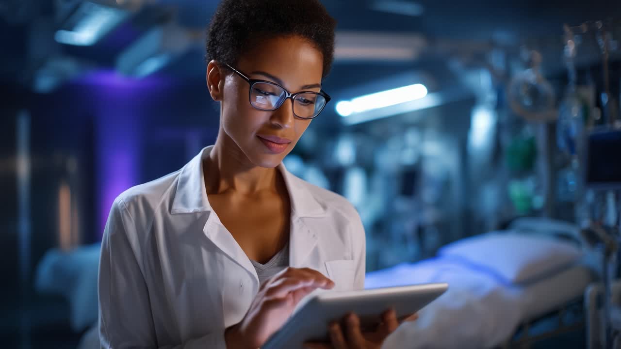 Focused healthcare professional using a digital tablet in a modern hospital environment, highlighting the intersection of technology and patient care
