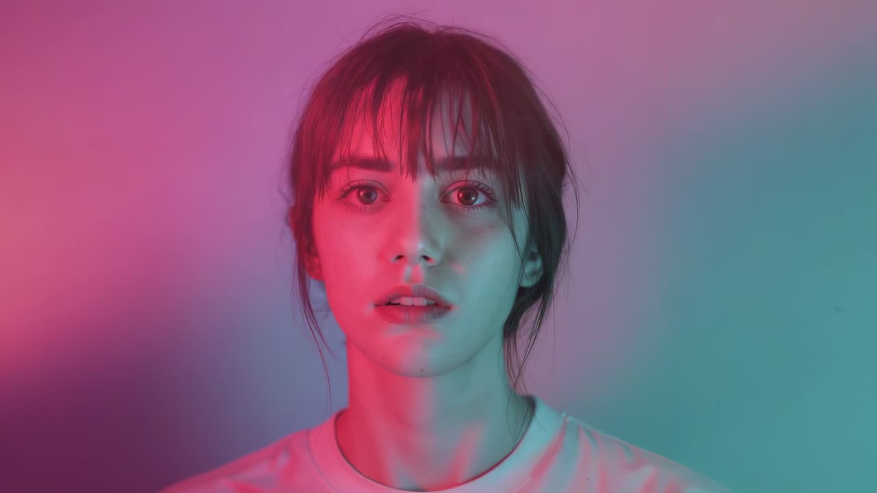 Gradient lights flickering on and sweeping across female model before studio wall, shifting hues